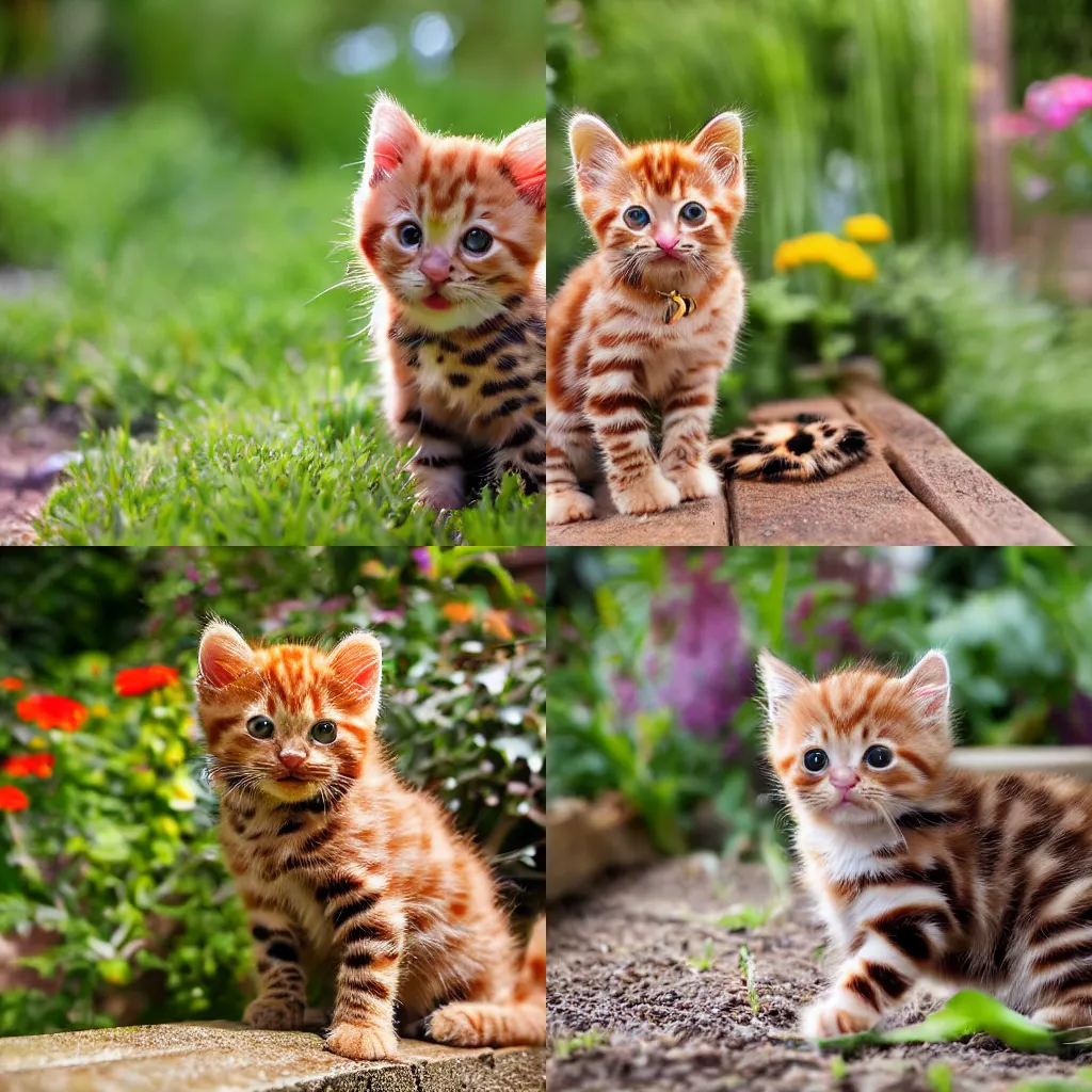 Prompt: A high-quality photo of a tiny ginger kitten with leopard spots in the garden, depth of field, cute, fluffy