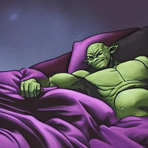 Prompt: photo of thanos sleeping in bed, next to yoda