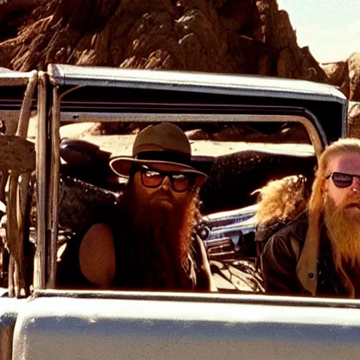 Image similar to ZZ Top sitting in back of a pickup truck bed in Mad Max Road Warrior, interior, screenshot, cinematic Eastman 5384 film