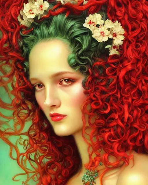 Image similar to portrait of glamor greek persephone | pomegranate | curly hair | orchard background | highly detailed | very intricate | professional model | cinematic lighting | painted by donato giancola and mandy jurgens and charlie bowater | bold colors, artdeco, art deco outrun anime aesthestic, 8 0's nostalgia | featured on artstation