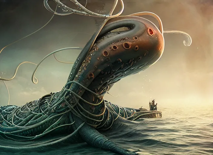 Image similar to highly detailed illustration giant squid wrapping its tentacles around a submarine, artstation, cinematic lighting, hyperdetailed, cgsociety, 8k, high resolution, Charlie Bowater, Tom Bagshaw, Norman Rockwell, insanely detailed and intricate