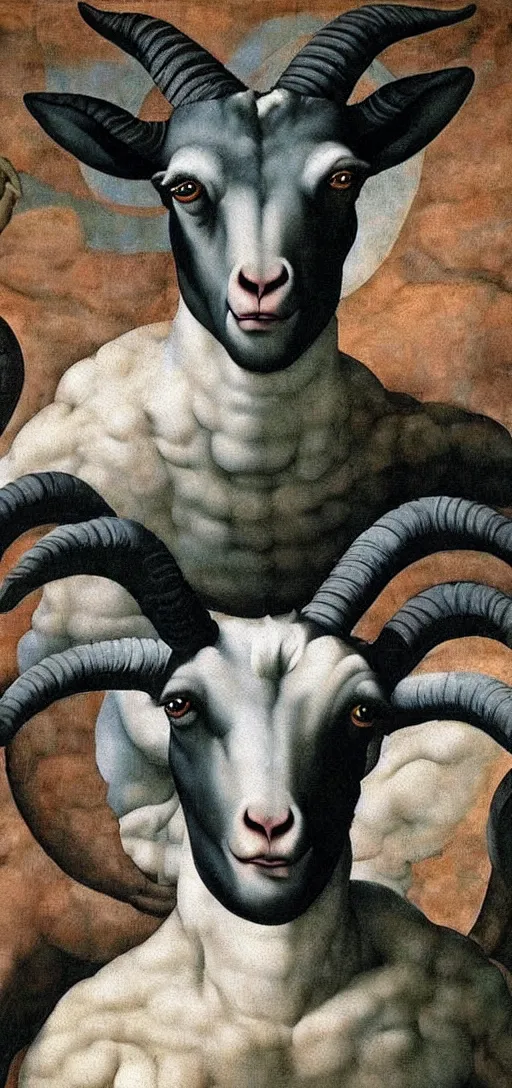 Image similar to giant goat with evil eyes, painting by michelangelo