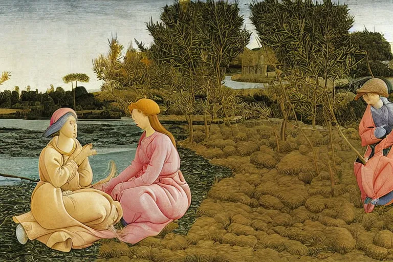 Image similar to two woman net fishing at the river bank on a spring day, sandro botticelli