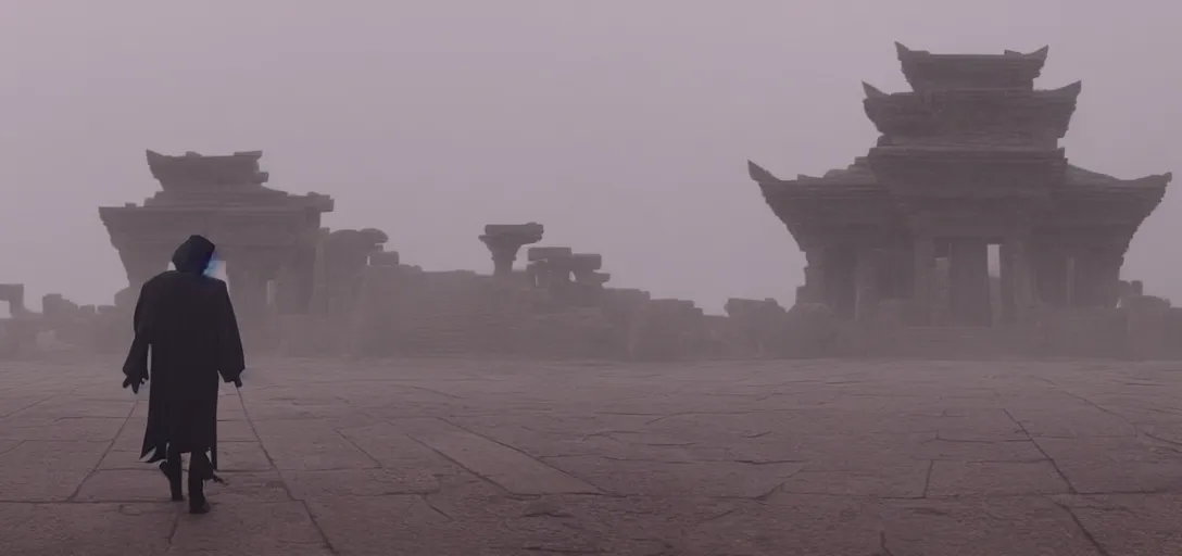 Image similar to prince of darkness as mickey mouse walking out from epic temple, foggy, cinematic shot, photo still from movie by denis villeneuve, wayne barlowe