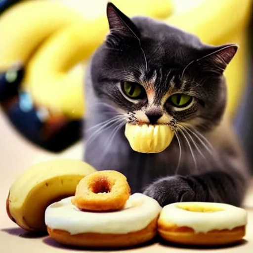 Prompt: a cute cat eating a donut and banana, detailed, realistic