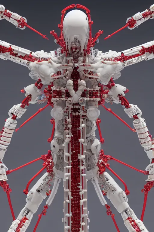 Image similar to space station interior white cross cross a statue jesus on cross made of red marble hands nailed to a cross perfect symmetrical body full body shot, inflateble shapes, wires, tubes, veins, jellyfish, white biomechanical details, wearing epic bionic cyborg implants masterpiece, intricate, biopunk, vogue, highly detailed, artstation, concept art, cyberpunk, octane render