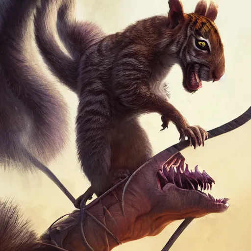 Prompt: Squirrel riding Sabretooth tiger, magic the gathering artwork, horror, D&D, fantasy, cinematic lighting, centered, symmetrical, highly detailed, digital painting, artstation, concept art, smooth, sharp focus, illustration, volumetric lighting, epic Composition, 8k, art by Akihiko Yoshida and Greg Rutkowski and Craig Mullins, oil painting, cgsociety