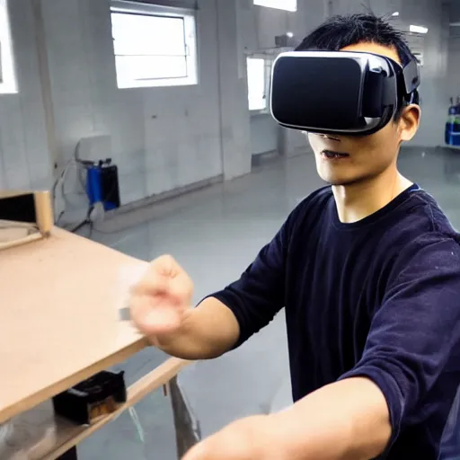 Prompt: chinese factory worker plays vr for the first time