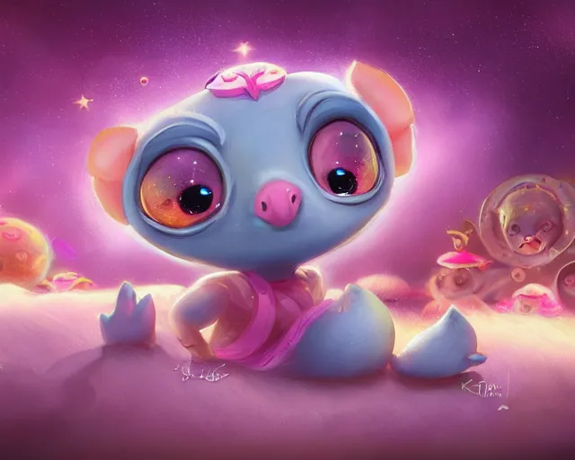 Image similar to 3D Fantasy Cute and adorable space piglet princess, huge adorable eyes, bright stars, Smooth 3D Illustration, soft render, Servando Lupini, Daniil Kudriavtsev, handpaint texture, Blender, 3DCoat