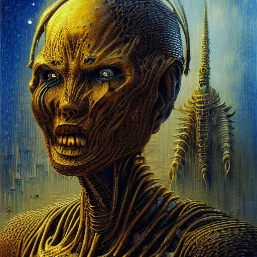 Prompt: sci - fi demon, atmospheric lighting, painted, intricate, golden and blue hour, ultra detailed by peter gric, giger, enki bilal