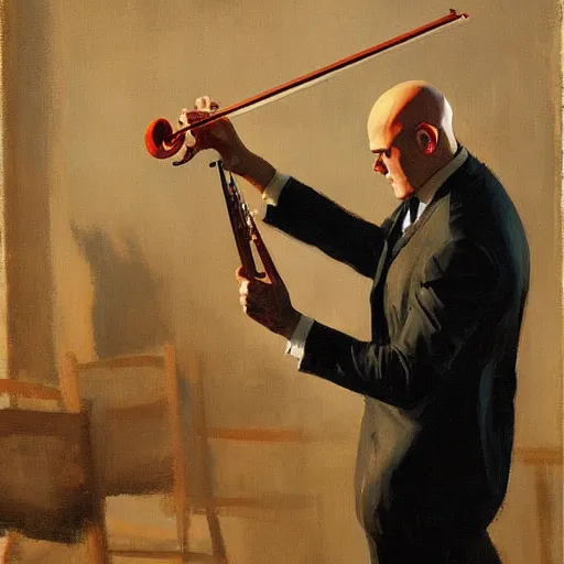 Image similar to agent 4 7 from hitman playing a violin, by gregory manchess, james gurney, james jean