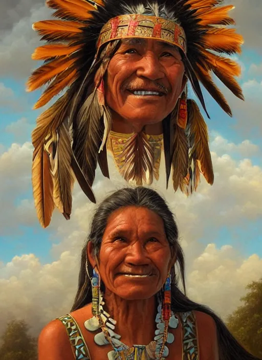 Image similar to faces of indigenous amazonian grandfathers and grandmothers spirits in the clouds, smiling, protection, benevolence, ancestors, detailed faces, art by christophe vacher