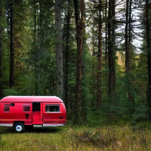 Image similar to a metal camper in a forest clearing, pillar of red light visible in background