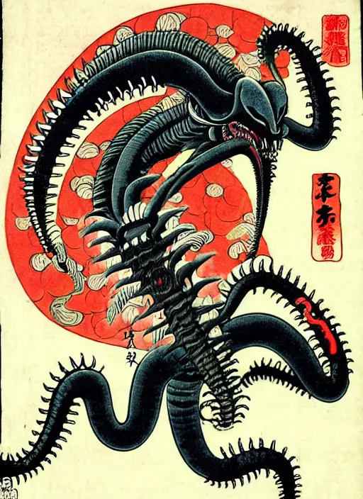 Image similar to the xenomorph as a yokai illustrated by kawanabe kyosai and toriyama sekien