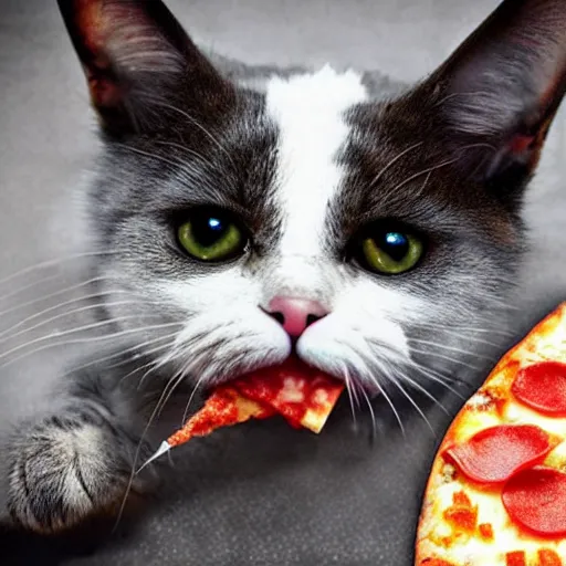 Prompt: cat eating a slice of cheesy pizza, cat eating, eating a pizza, paws holding pizza, cat eating a slice