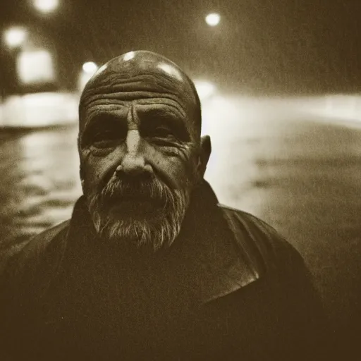 Image similar to Monochrome portrait of an intense old man with facial tattoos on a rainy misty street at night, the only light source is a bright overhead street light, close-up, motion blur, grainy Tri-X pushed to 3200, 24mm tilt-shift, water drops on the lens, holga