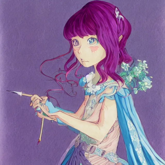 Prompt: the lone princess of the violetwood valley. this gouache painting by the award - winning mangaka has interesting color contrasts, plenty of details and impeccable lighting.