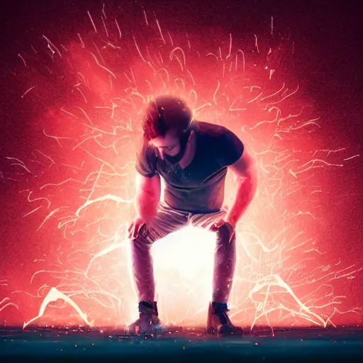 Image similar to man hitting the ground creating a explosion, anime, album cover, rain