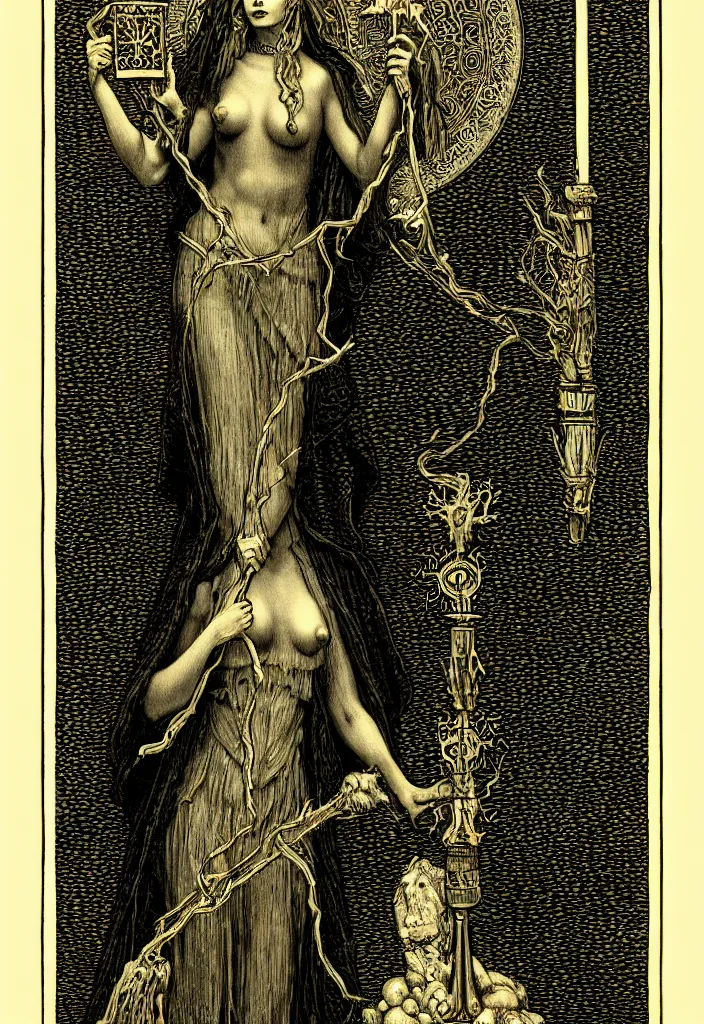 Image similar to tarot card of hecate the gloomy and beautiful goddess of witchcraft, torches, ancient keys, smokes, gustave dore, franklin booth, andrey remnev, trending on artstation, exquisite details, risography print, 4 k, 4 k