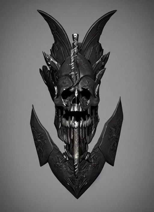 Image similar to a black long sword skull crest, orthographic, ornament, weapon, a 3 d render by dom qwek, front side views full, trending on polycount, artstation, hard surface modeling, rendered in maya, 3 ds max, blender, hd, vray, berserk blood