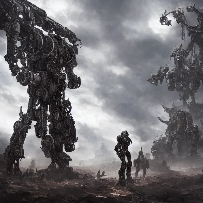 Image similar to human standing next to mech - warrior, hyper - detailed, sharp focus, 4 k ultra hd, fantasy dark art, apocalyptic art