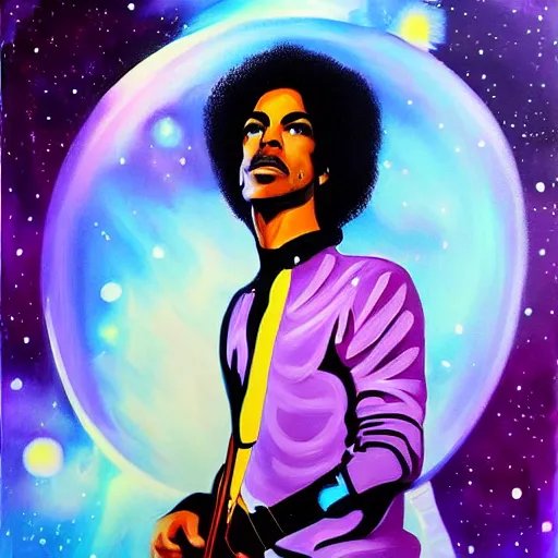 Image similar to a painting of prince in space in the style of pablo bell. trending on artstation.