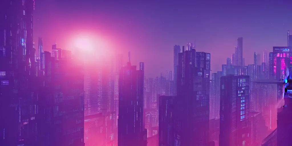 Image similar to a view of a man's back standing on top of a building, with purple - blue style cyberpunk city buildings in the background, volumetric light, cinematic, moody, octane render 4 k, 8 k