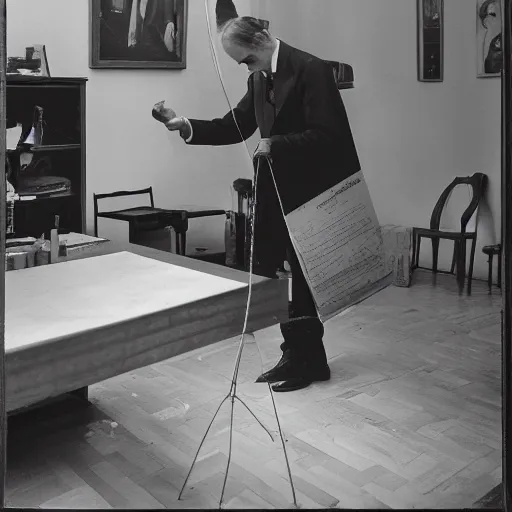 Image similar to a long exposure shot of Marcel Duchamp working on a readymade object, archival pigment print