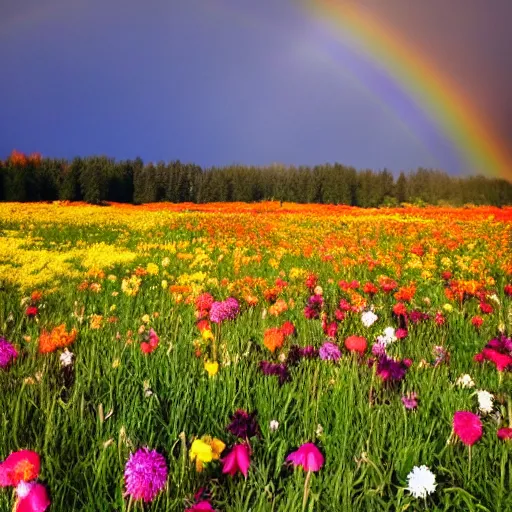 Prompt: candles, field of flowers, magic enchantment, rainbow, sunshine, fall