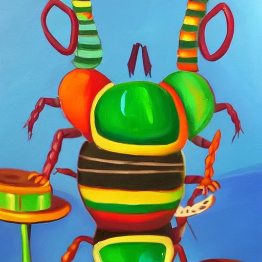 Image similar to a funky little beetle playing a bongo at a party, oil painting, high detail, funky!