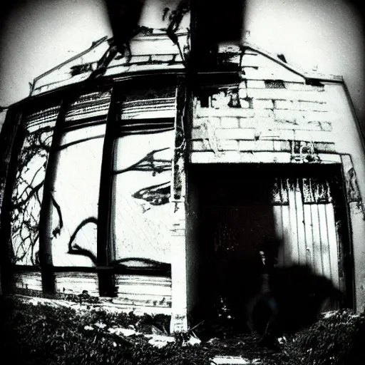 Image similar to 1 9 9 3, disposable camera, flash, old abandoned building, creepy scary monster, style of trevor henderson