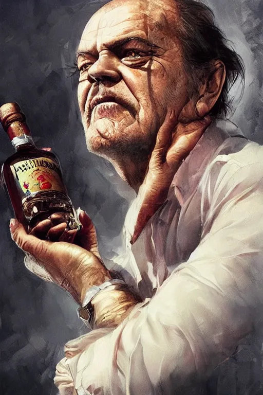 Prompt: a ship in a bottle but instead of a ship it is jack nicholson in the bottle, jack nicholson, whiskey bottle, masterpiece painting by artgerm, ruan jia, jakub rebelka, tom bagshaw