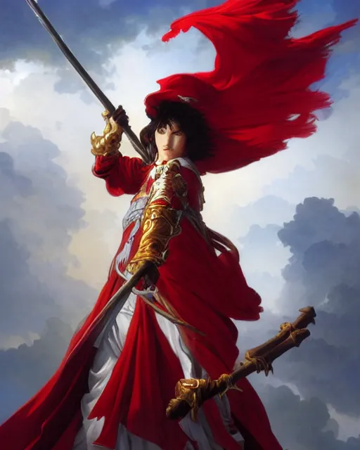 Image similar to A Full View of a Red Mage wearing striped shining armor and a feathered hat holding a staff of power surrounded by an epic cloudscape. Magus. Red Wizard. masterpiece. 4k digital illustration. by Ruan Jia and Artgerm and Andreas Rocha and William-Adolphe Bouguereau and Edmund Blair Leighton. award winning, Artstation, intricate details, realistic, Hyperdetailed, 8k resolution. Concept Painting. Key Art