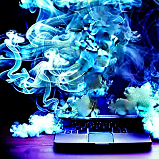 Image similar to magic smoke leaving a broken computer, photograph with digital effects, film