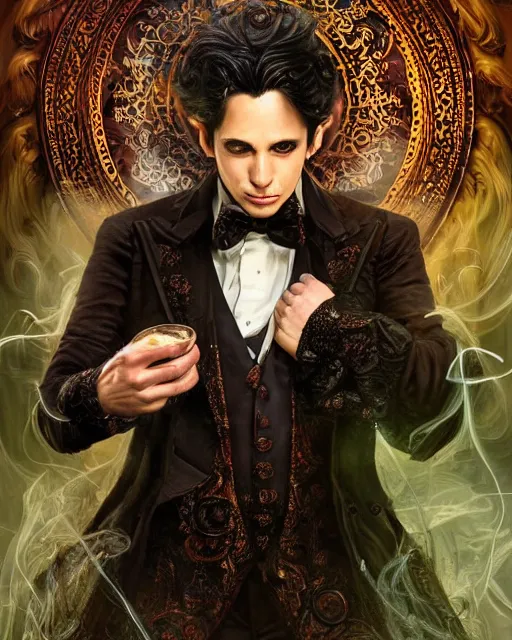 Prompt: a highly detailed portrait of devious male magician radiating a powerful energy aura, ornate back tuxedo, wispy tendrils of smoke, swirling vortex of energy, performance art, intricate, digital painting, old english, raining, sepia, particles floating, whimsical background by marc simonetti, digital art by artgerm and greg rutkowski and alphonse mucha