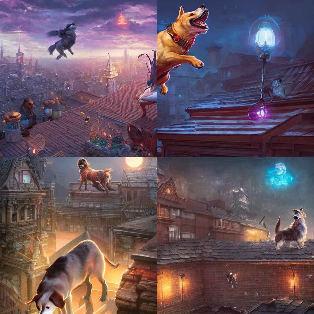 Prompt: rooftop filled with a dog, fantasy, intricate, epic lighting, cinematic composition, hyper realistic, 8 k resolution, unreal engine 5, by artgerm, tooth wu, dan mumford, beeple, wlop, rossdraws, james jean, marc simonetti, artstation