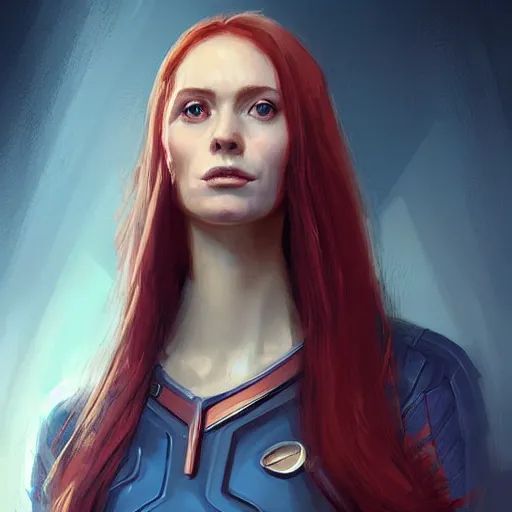 Image similar to Portrait of a woman by Greg Rutkowski, she is about 30 years old, redhead, long straight hair, beautiful oval face, wearing a futuristic spaceship captain uniform, strict but caring mom vibes, highly detailed portrait, digital painting, artstation, concept art, smooth, sharp foccus ilustration, Artstation HQ.