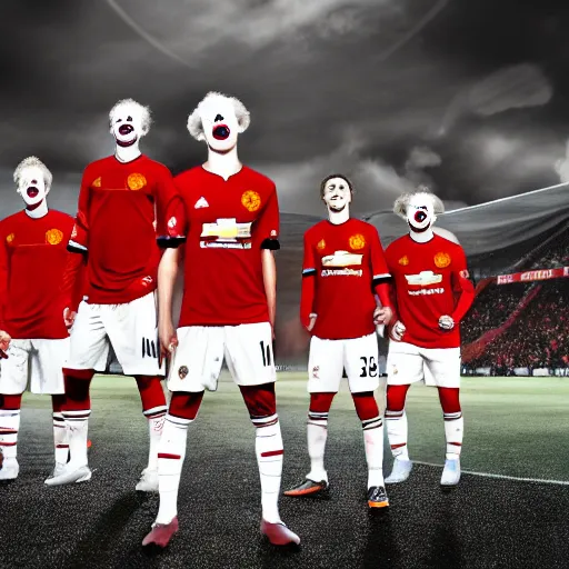 Prompt: clowns playing for man united, photorealistic, dramatic, 4 k, sharp focus