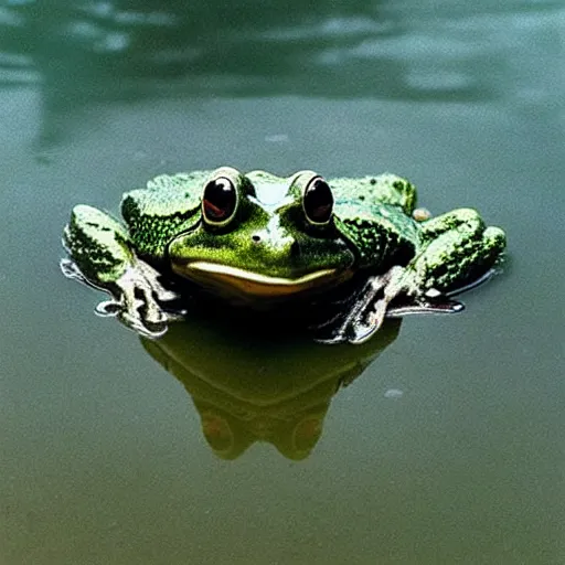 Image similar to “semitranslucent smiling frog amphibian rising above the waters of misty lake in Jesus Christ pose, low angle, long cinematic shot by Andrei Tarkovsky, paranormal, spiritual, mystical”