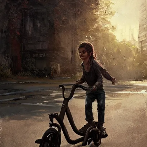 Prompt: portrait of elle from the last of us, riding a tricycle, painted by greg rutkowski, wlop