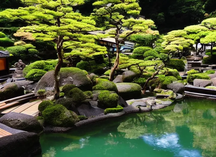 Prompt: dreamlike onsen with beautiful scenery in Japan, flowy lush garden, intricate complexity