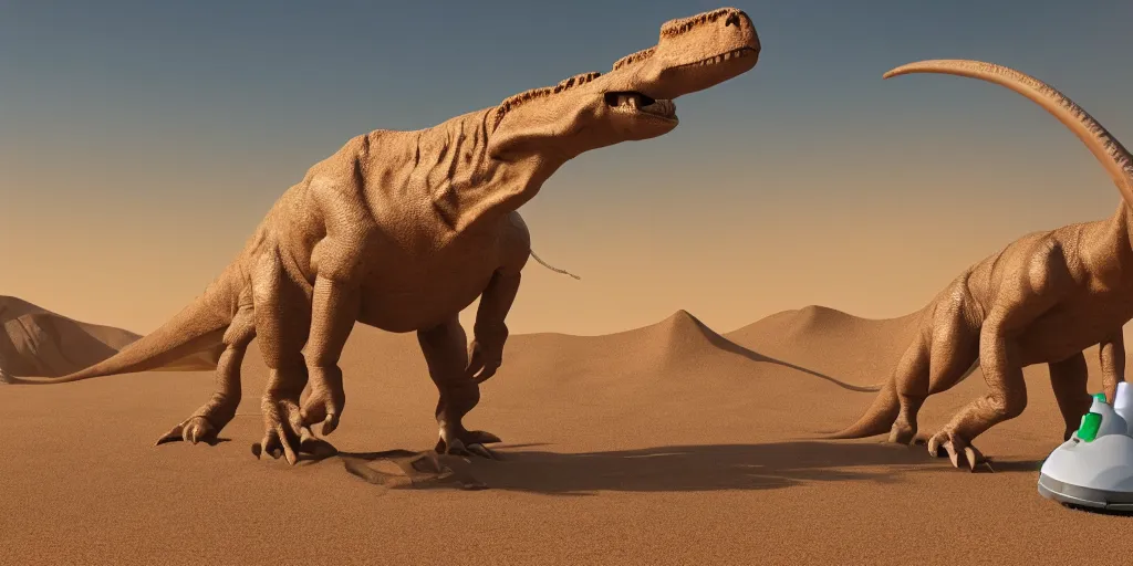 Prompt: big dinosaur vacuuming sand in a desert, 4k,