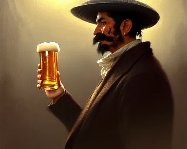 Image similar to a mexican man with hat drinking a beer on train station, fantasy, intricate, elegant, highly detailed, digital painting, artstation, concept art, matte, sharp focus, illustration, art by aenaluck and roberto ferri and greg rutkowski, epic