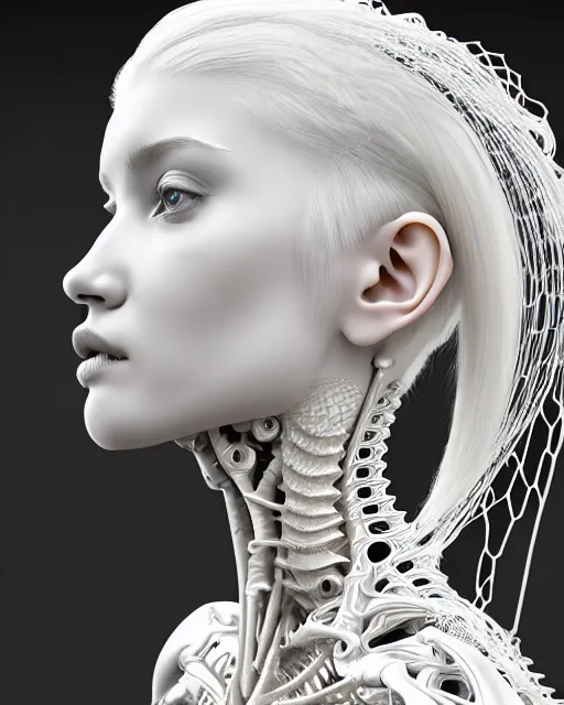 Image similar to bw 3 d render, stunning beautiful young cute biomechanical albino female cyborg with a porcelain profile face, angelic, rim light, big leaves and stems, roots, fine foliage lace, alexander mcqueen, art nouveau fashion embroidered, steampunk, silver filigree details, hexagonal mesh wire, mandelbrot fractal, elegant, artstation trending
