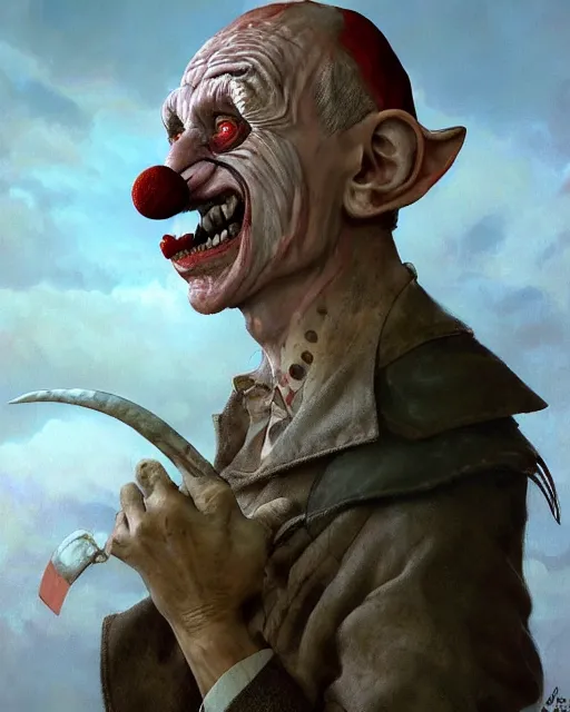 Prompt: photorealistic portrait photograph of vladimir putin as an old pathetic goblinoid demon clown, kobold, upper body, fantasy, bloody, depth of field, soft focus, highly detailed, intricate, realistic, national geographic cover, soft glow, textured, artstation, sharp focus, illustration, art by artgerm and greg rutkowski and alphonse mucha