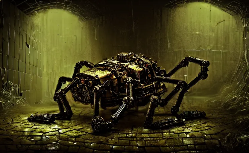 Image similar to destroyed mechanical robot spider in a large dimly lit wet sewer dungeon, mossy walls, long corridor, wide angle shot, ultra detailed, fine drawing, grunge, eldritch horror, hyper real, 4 k, moody lighting, warm colors, shaded, by wlop