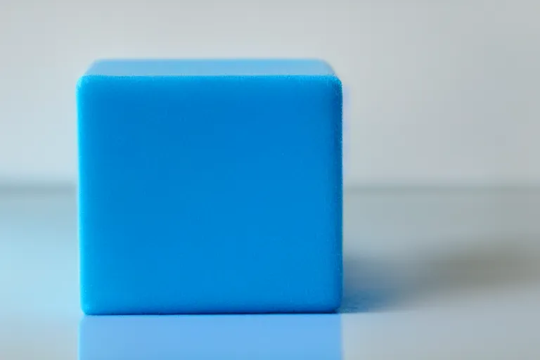 Image similar to single blue cube on white studio floor, soft light, 3 5 mm