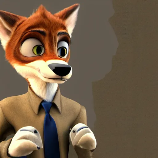 Image similar to far shot, 3d render , anthropomorphic wolf male , wearing along brown leather jacket , in the style of Zootopia