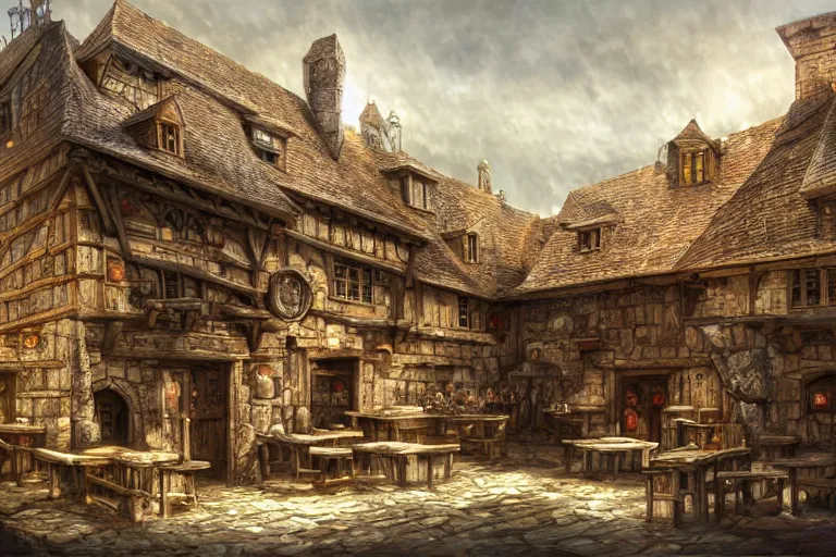 Image similar to A medieval tavern viewed from the outside, texture, intricate, details, highly detailed, masterpiece, architecture, building, trending on artstation, focus, sharp focus, concept art, digital painting, fantasy, sunny, day, midday