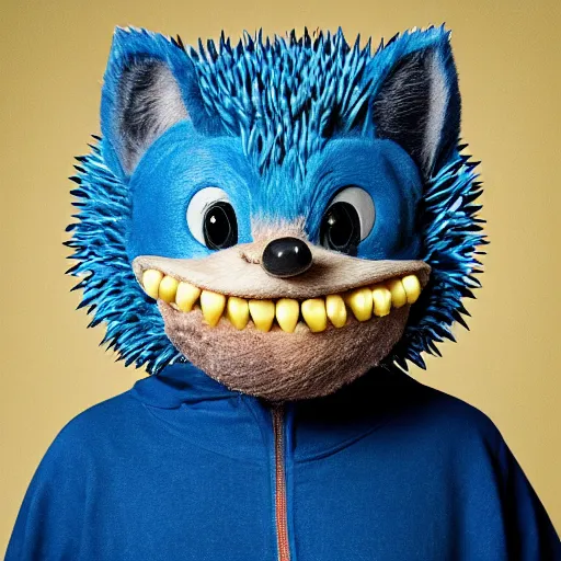 Image similar to anthropomorphic blue hedgehog with human teeth, studio portrait